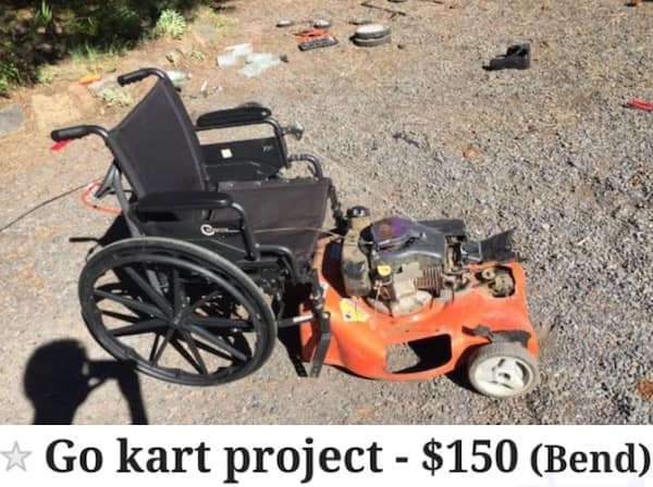 chaotic marketplace listing for a $150 "Go kart project." The vehicle is a terrifying merger of a standard manual wheelchair frame bolted directly onto the deck of an orange gas-powered lawnmower.