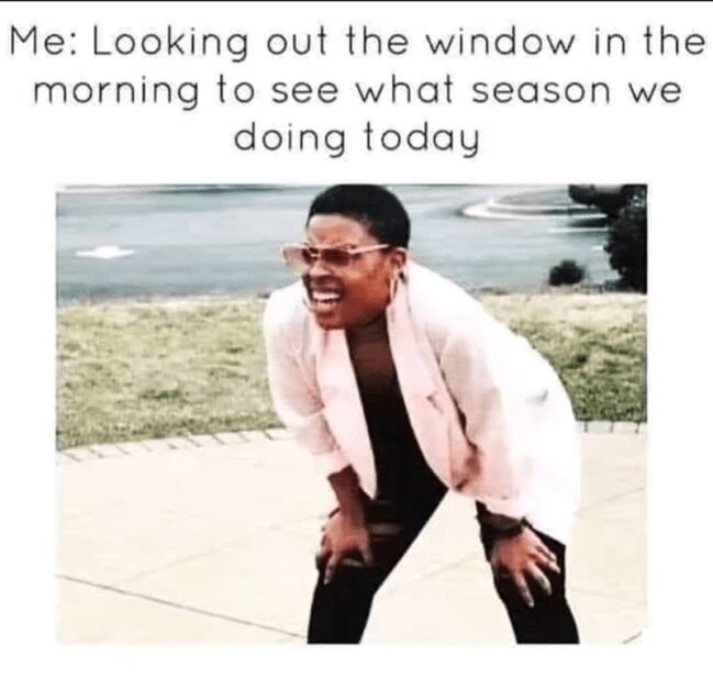 Man squinting out window meme captioned looking outside in the morning to see what season it is today