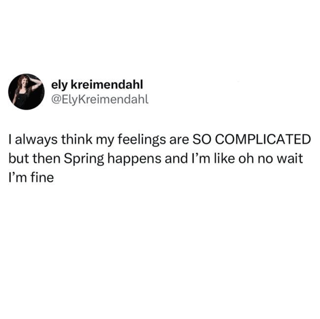 Tweet by ElyKreimendahl saying feelings seem complicated until spring arrives and suddenly everything feels fine