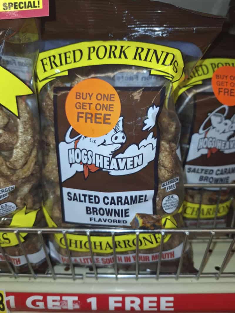 Hogs Heaven salted caramel brownie flavored fried pork rinds bag on store shelf