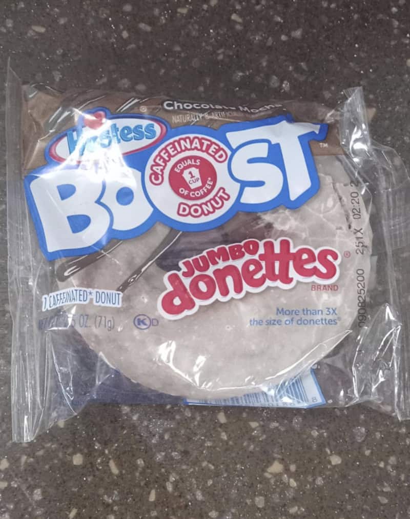 Hostess Boost caffeinated chocolate mocha jumbo donut equals one cup of coffee