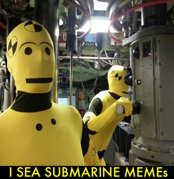 A surreal submarine meme featuring two sailors in bright yellow crash-test dummy body suits operating a periscope inside a control room. The caption at the bottom reads, "I SEA SUBMARINE MEMEs," in bold yellow text.