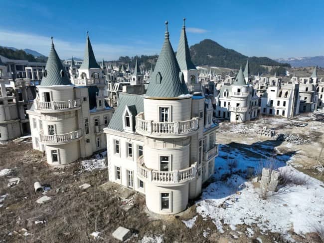Abandoned unfinished luxury castle housing development in Turkey with hundreds of identical turrets