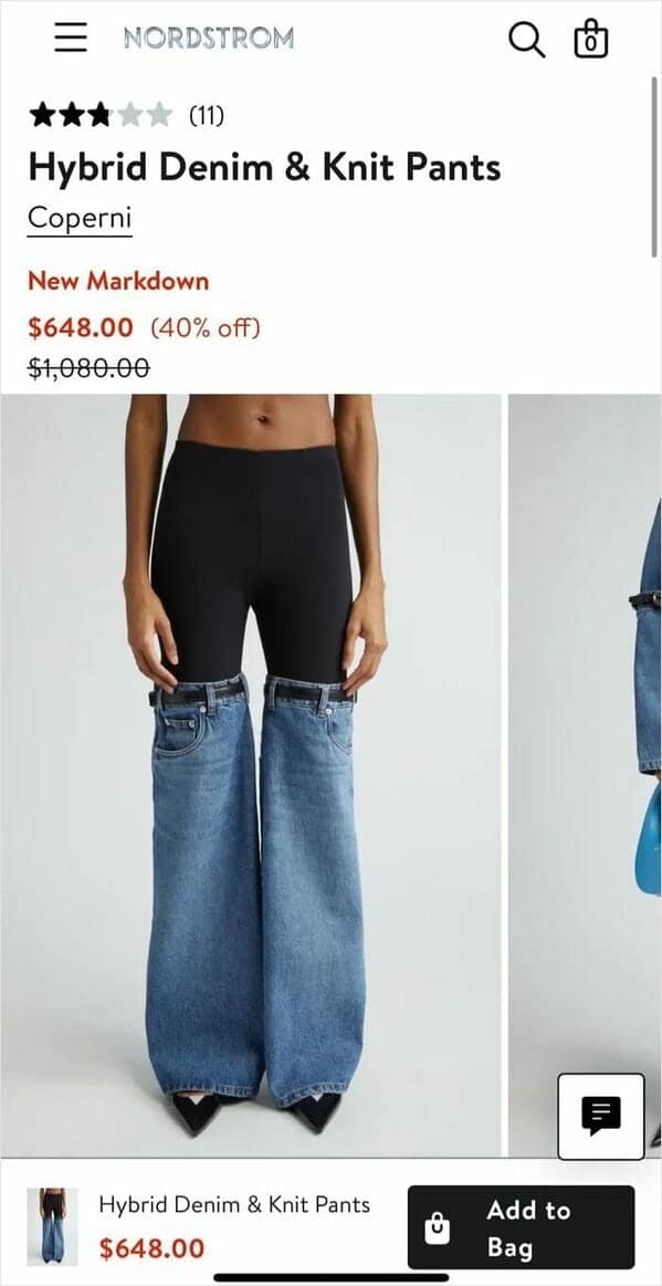 product page from Nordstrom for Coperni "Hybrid Denim & Knit Pants." The design features high-waisted black knit leggings that transition at the mid-thigh into baggy blue denim jeans, complete with their own belt loops and pockets.