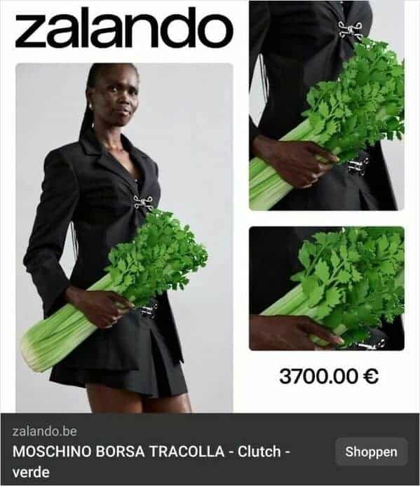 A shopping ad from Zalando for a Moschino "Borsa Tracolla" clutch. The accessory is a hyper-realistic sculpture of a large bunch of green celery, priced at a staggering 3700.00 €.