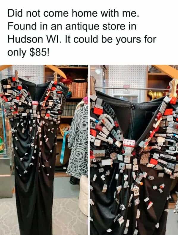 Two photos of a black evening gown found in an antique store. The bust of the dress is covered in an architectural, chaotic mosaic of multicolored LEGO bricks and baseplates, priced at $85.
