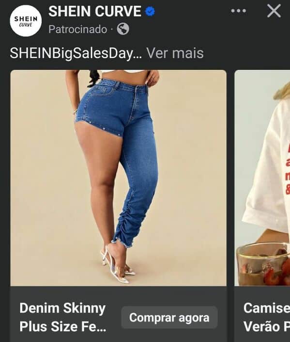 An ad for SHEIN Curve "Denim Skinny" pants. The fashion faux pas design features one full-length skinny jean leg while the other side is cut off into a high-waisted micro-short, creating a jarring asymmetrical silhouette.