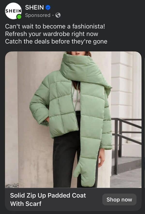 sponsored ad from SHEIN for a "Solid Zip Up Padded Coat." The mint green puffer jacket features a built-in scarf made of the same quilted material that is so long it nearly reaches the model's ankles.