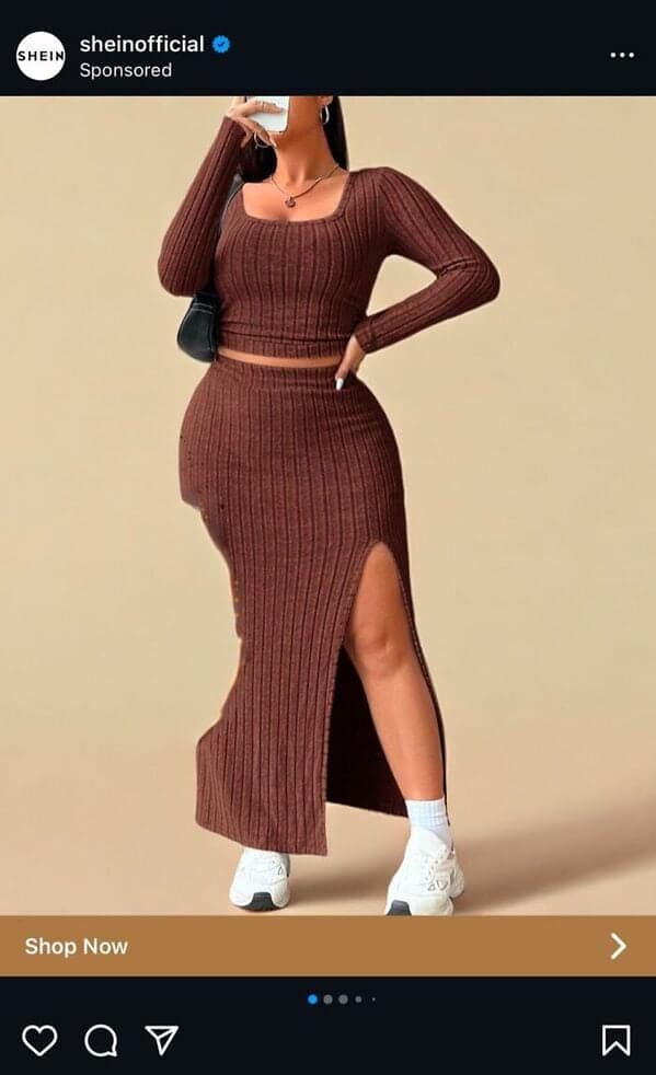 A standard fast-fashion product shot from SHEIN showing a brown ribbed-knit coordinated set. It features a square-neck long-sleeve crop top and a matching maxi skirt with a thigh-high slit, representing the "Instagram baddie" aesthetic.