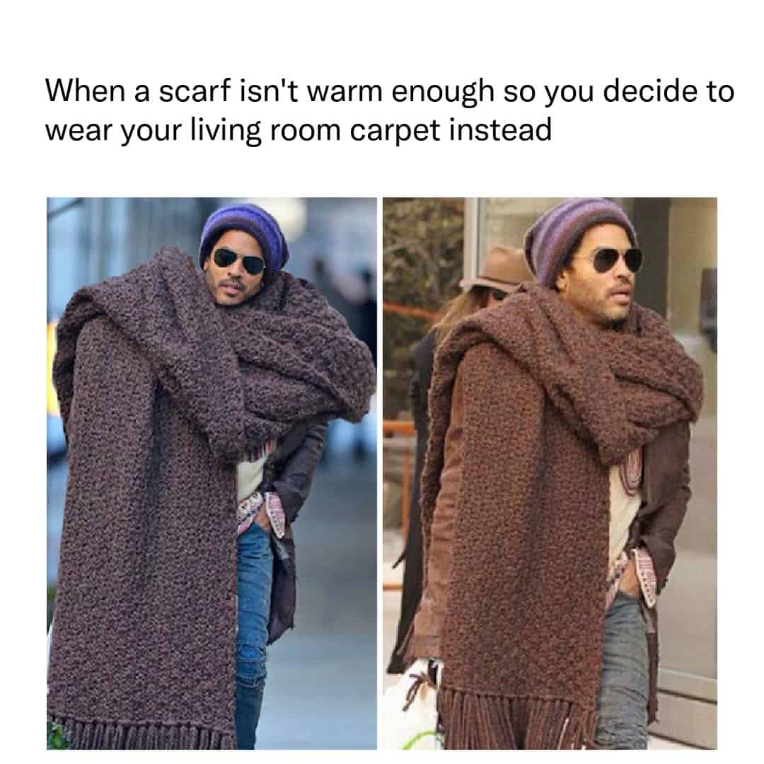 Two paparazzi photos of Lenny Kravitz wearing his legendary, viral oversized brown knit scarf. The caption jokes: "When a scarf isn't warm enough so you decide to wear your living room carpet instead."