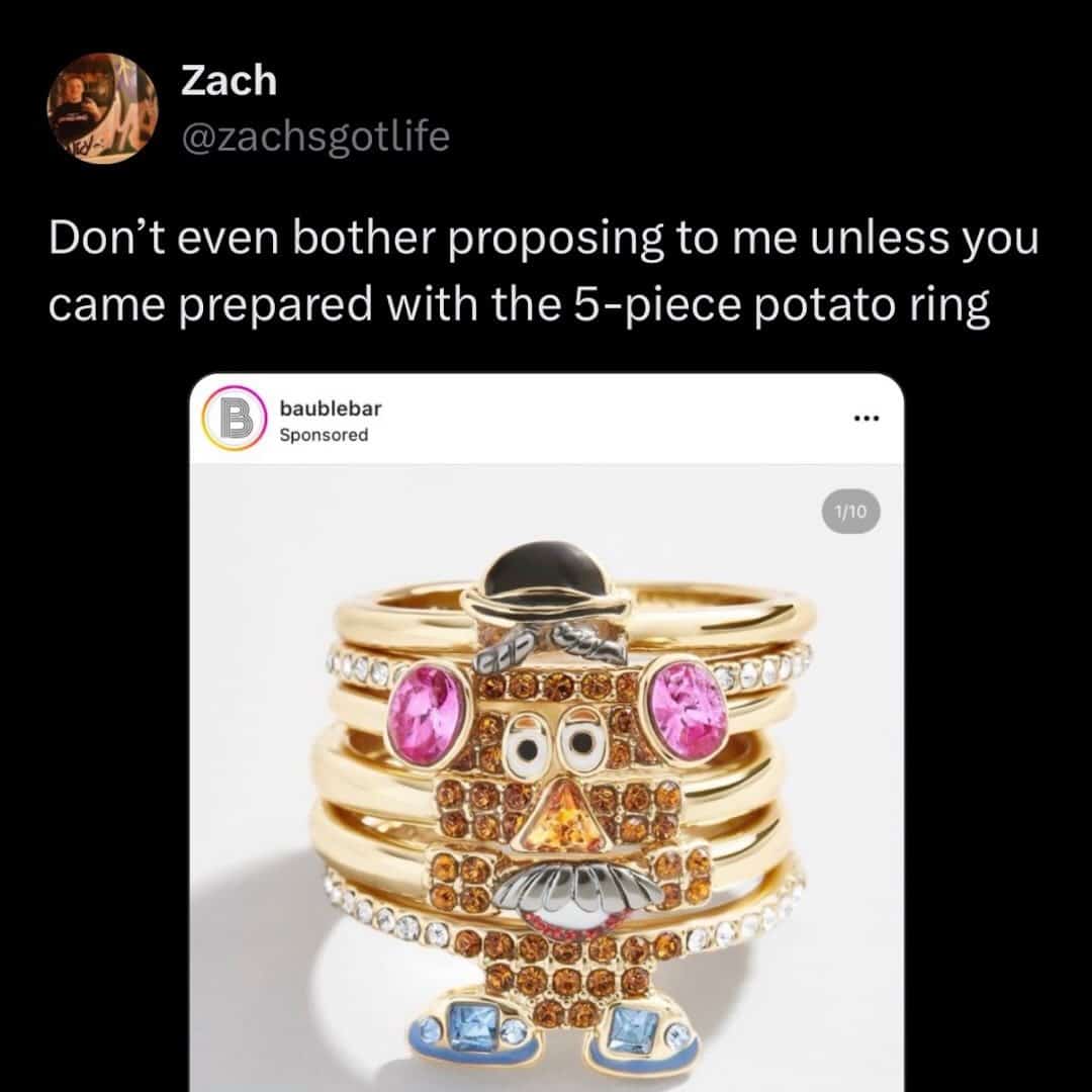 screenshot of an oddly specific piece of weird fashion jewelry from Baublebar. It shows a "5-piece potato ring" set where stackable gold bands assemble to form the face of Mr. Potato Head.