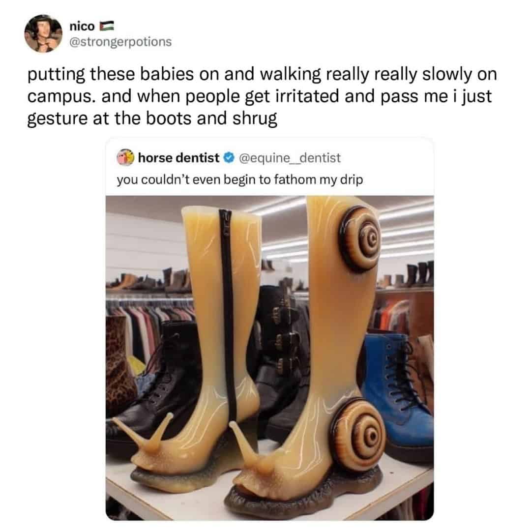image of high-top boots that are a literal fashion faux pas. The footwear is sculpted to look like giant tan snails, featuring realistic sensory tentacles at the toes and large, coiled brown shells attached to the ankles.