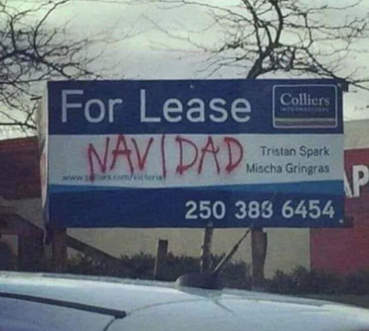 A commercial real estate sign for a building "For Lease." A pun-loving vandal used red spray paint to add "NAVI DAD" to the board, turning the property listing into a permanent, year-round "For Lease Navidad" Christmas joke.