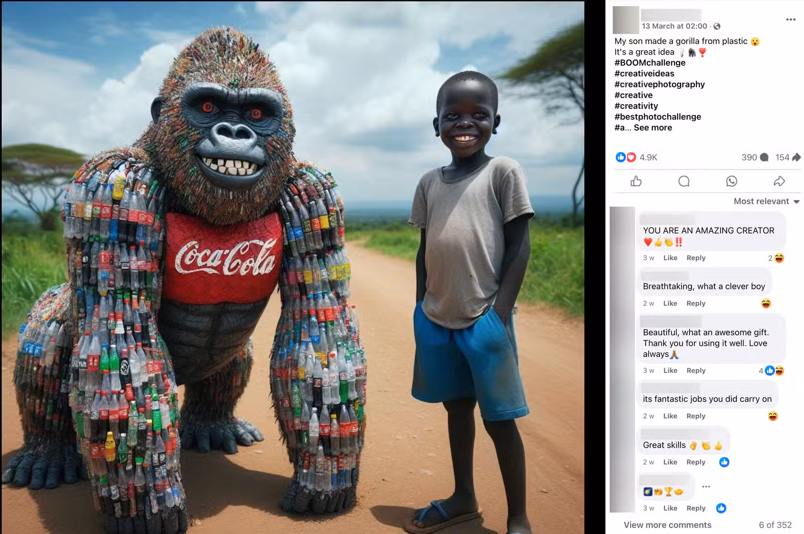 AI-generated image of a boy standing next to a gorilla made of Coca-Cola bottles.