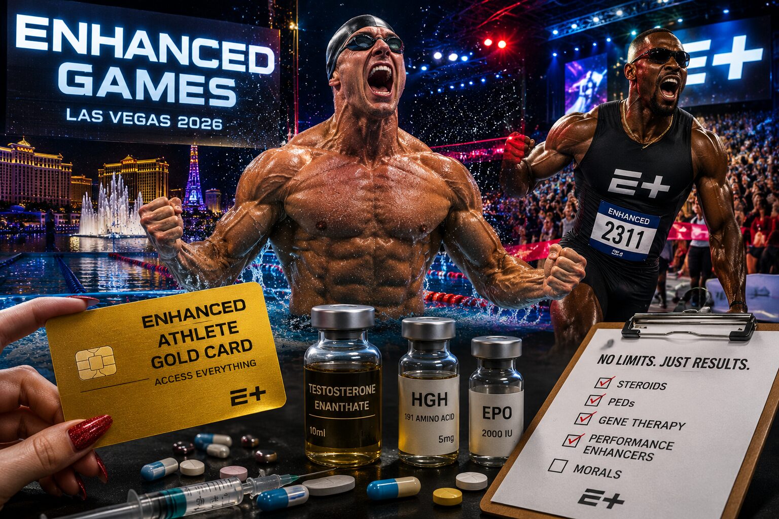A trending enhanced games memes collection tracking the pharmaceutical athletic results from Las Vegas, highlighted by a disappointed fan meme mocking the lack of broken world records, a split-panel contrast of James Magnussen's bulked transformation, and a green-text post celebrating clean swimmer Hunter Armstrong walking away with $250,000.
