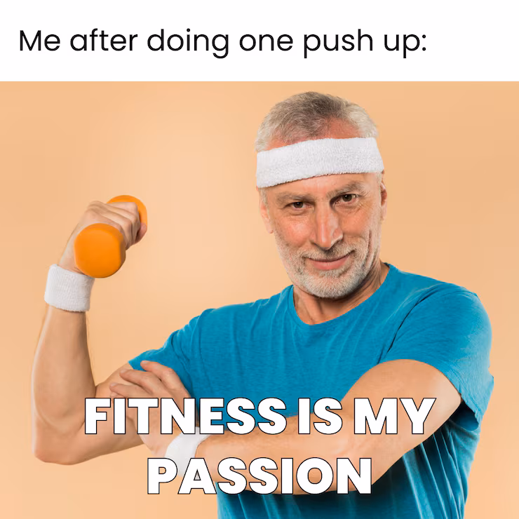 An ironic stock photo meme of an older man holding a tiny orange dumbbell with the text Fitness is my passion.