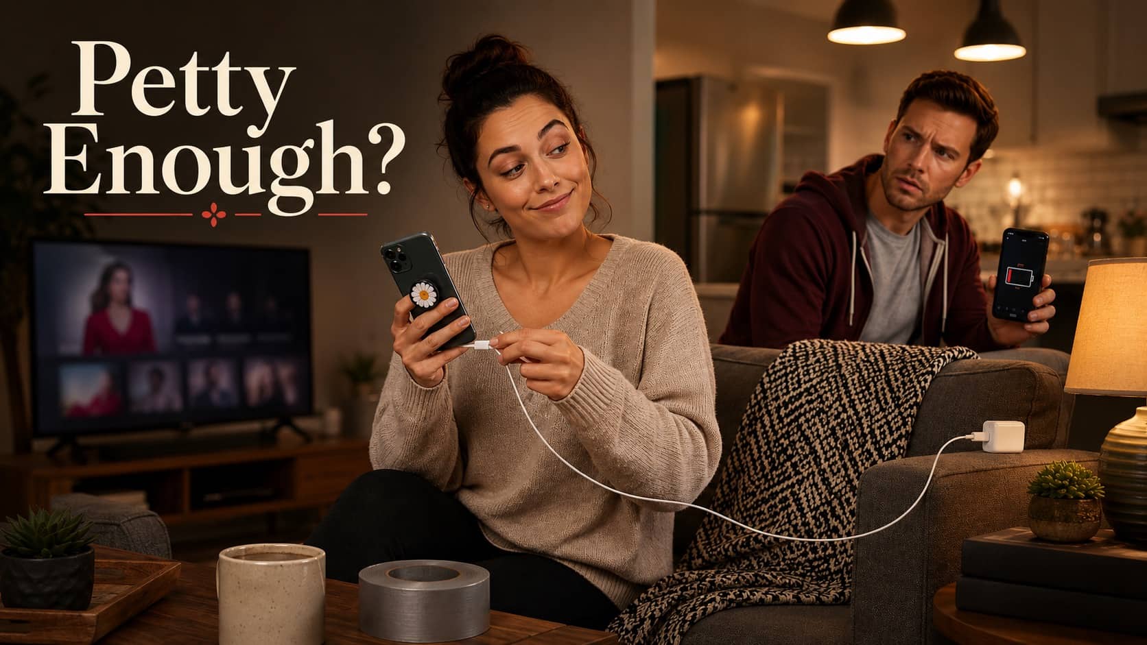 Smirking woman plugs in her phone while her husband glares from behind with a dead battery.