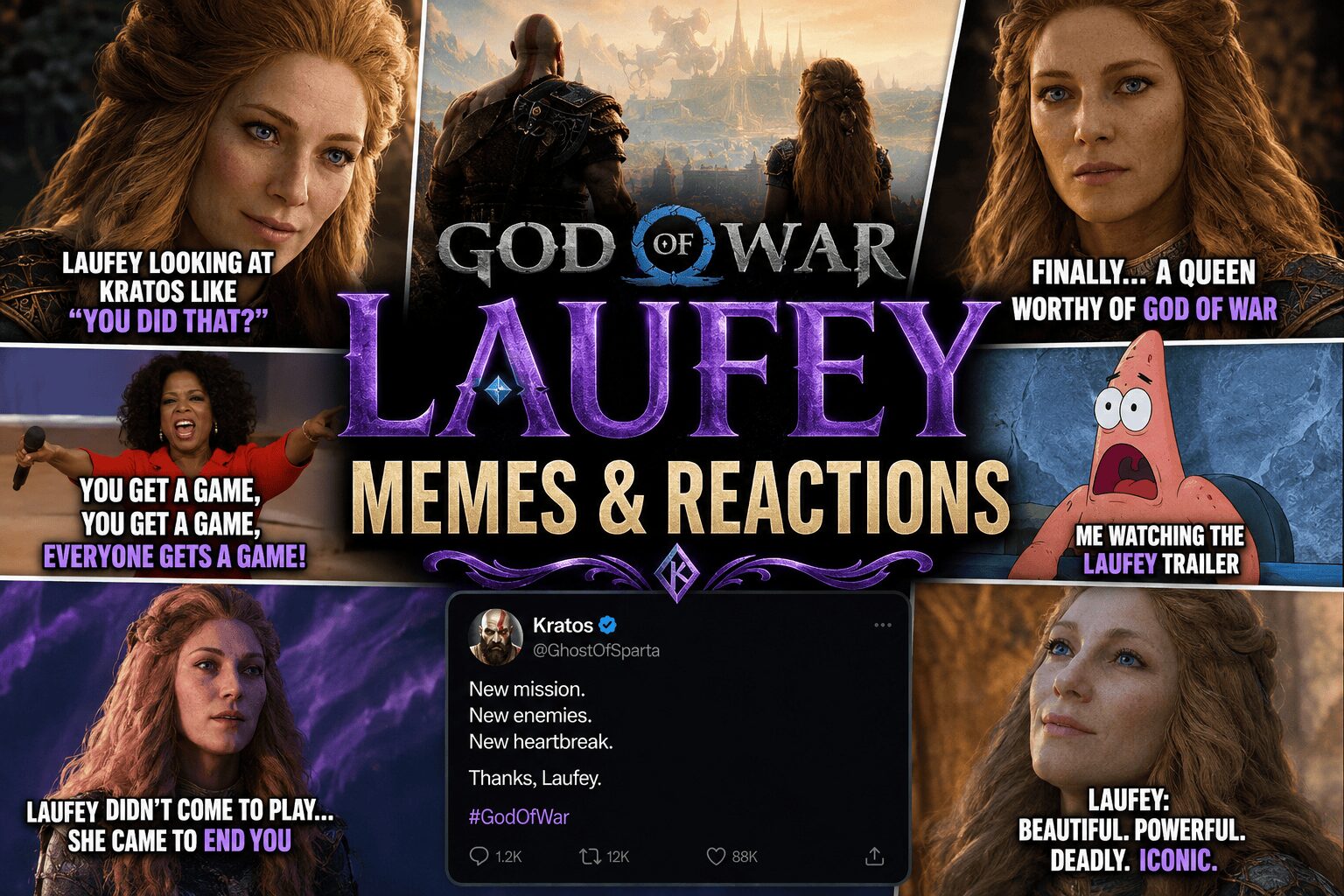 A trending God of War Laufey memes anthology capturing the internet reaction to the prequel reveal, highlighted by Faye holding a laundry basket next to a modern washing machine on a cliffside, the "Thousand-Yard Stare" painting representing traumatized Greek gods, and a custom fan-comic contrasting her peaceful funeral with a hyper-violent, blood-soaked combat arena.