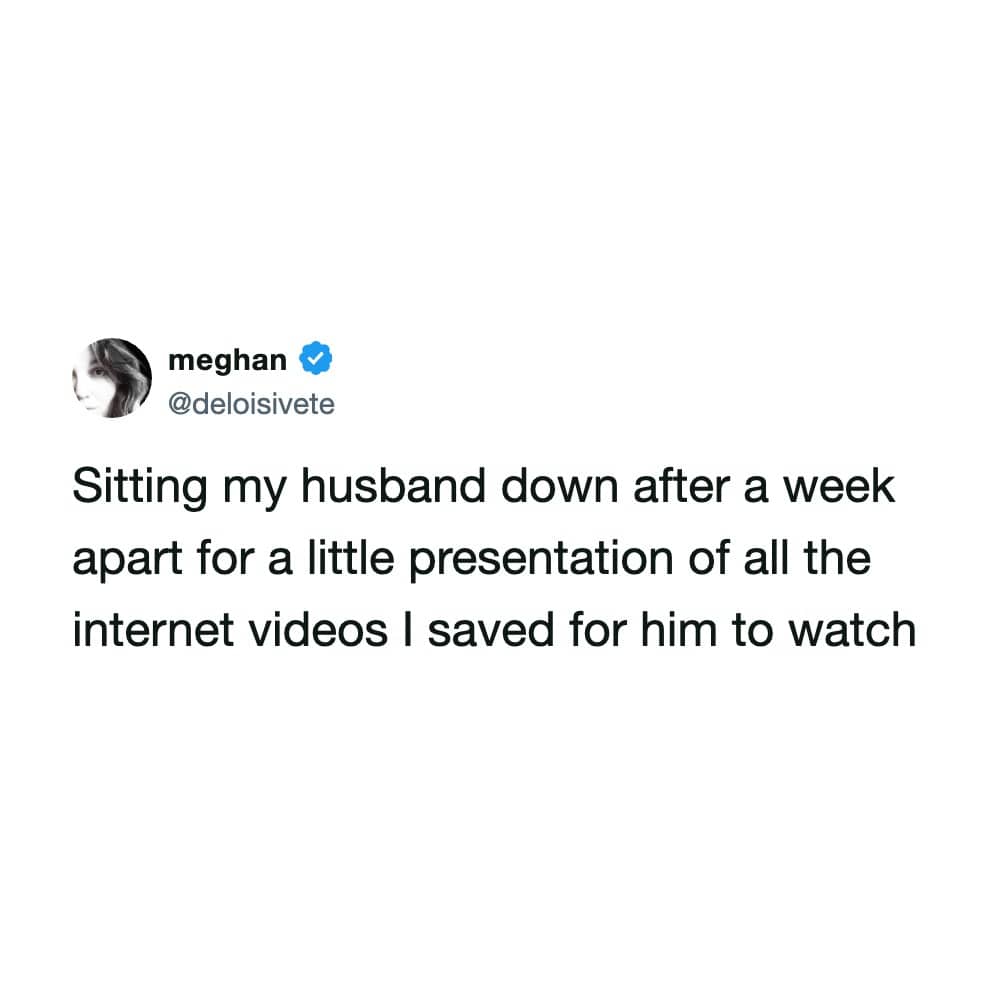 Tweet by deloisivete about preparing a slideshow presentation of saved internet videos for her husband.