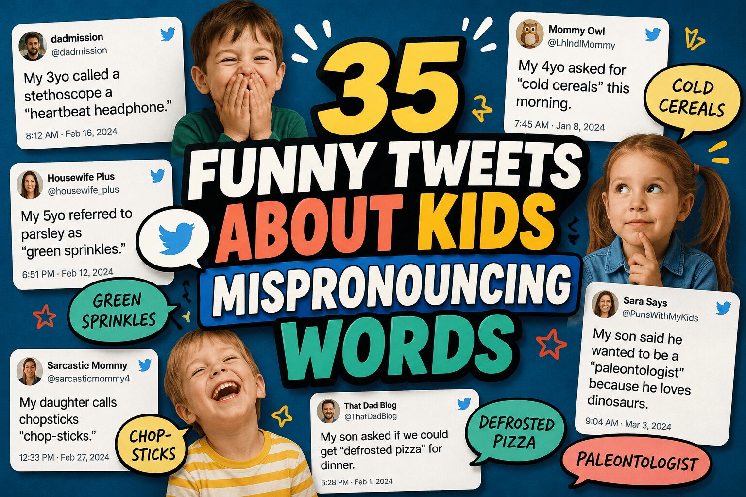 An expansive digital layout showcasing a compilation of viral posts about kids mispronouncing words, prominently featuring a tweet detailing a toddler running around the house yelling "milf" instead of asking for milk, a four-year-old child shouting "cheese crisis!" instead of an intense curse word, and a sweet morning greeting of "Hiiiii!" accidentally morphing into an aggressive declaration of "Dieeeeeee."