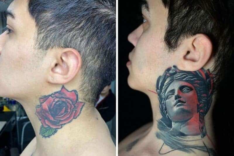 Red rose neck tattoo replaced by detailed Greek goddess statue portrait neck tattoo coverup.