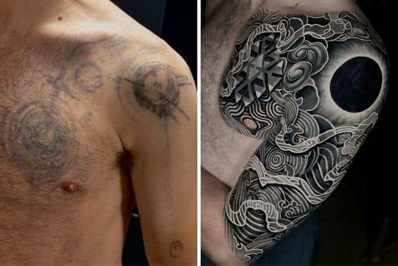 Faded chest scribbles replaced by intricate black and grey eclipse wave pattern tattoo coverup sleeve