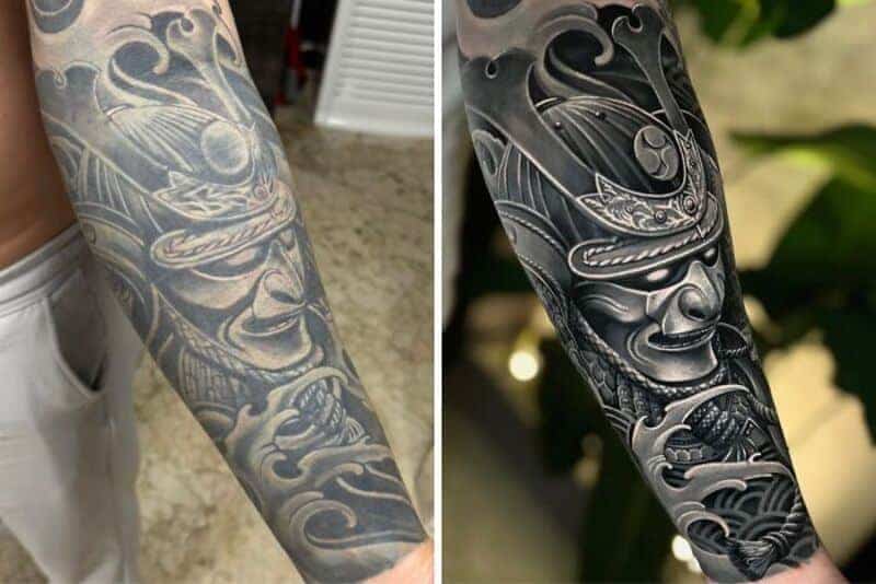 Dull samurai mask tattoo reworked into crisp black and grey Japanese armor tattoo coverup.