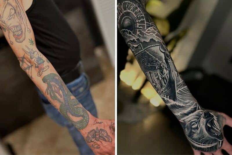 Random scribbles and snake coverup transformed into full Viking ship and wolf tattoo sleeve.