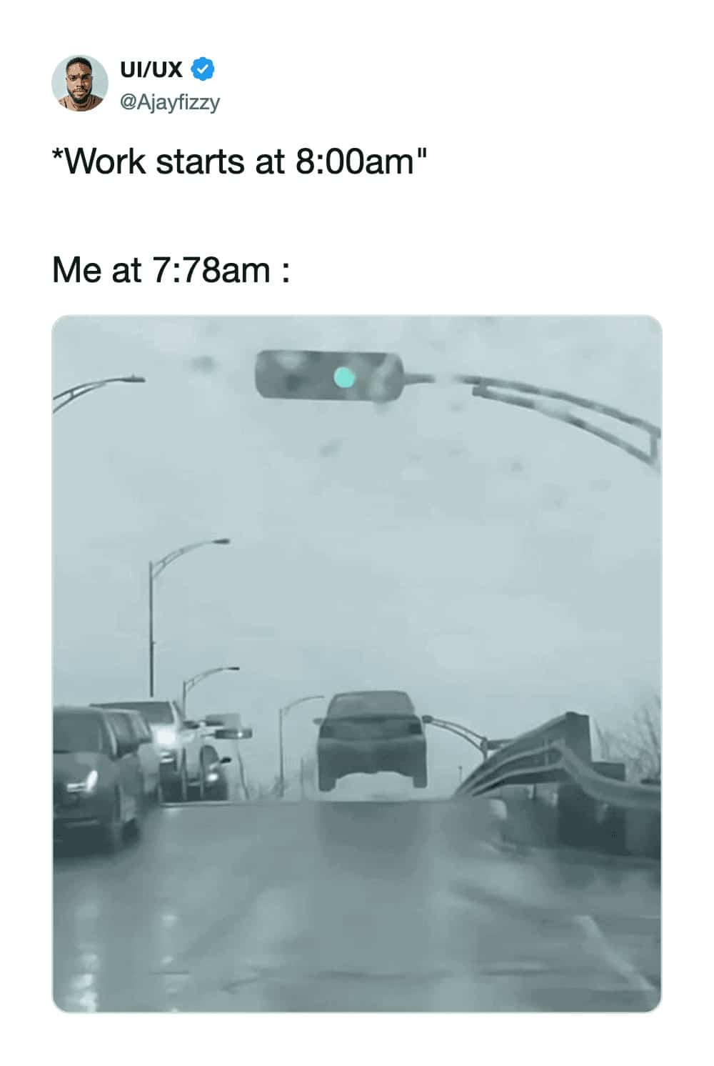 Funny morning commute meme tweet showing car flying fast when running late for work.