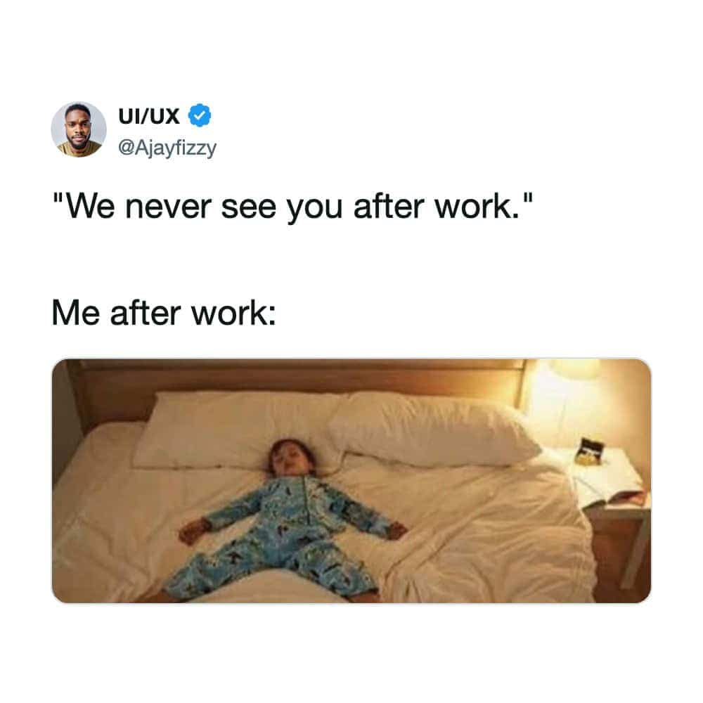 Relatable work-life balance meme tweet showing tired person collapsed asleep in bed after shift.