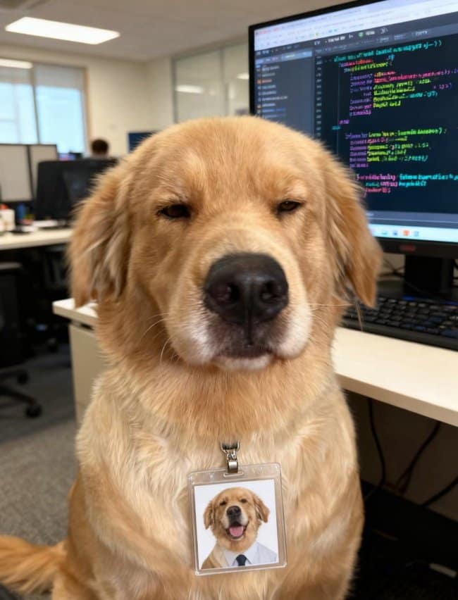 Golden retriever sitting at an office desk wearing an official photo ID badge around its neck, positioned directly in front of a computer screen filled with code lines.