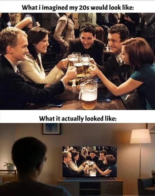 Expectation versus reality: the How I Met Your Mother bar gang, watched alone on TV.