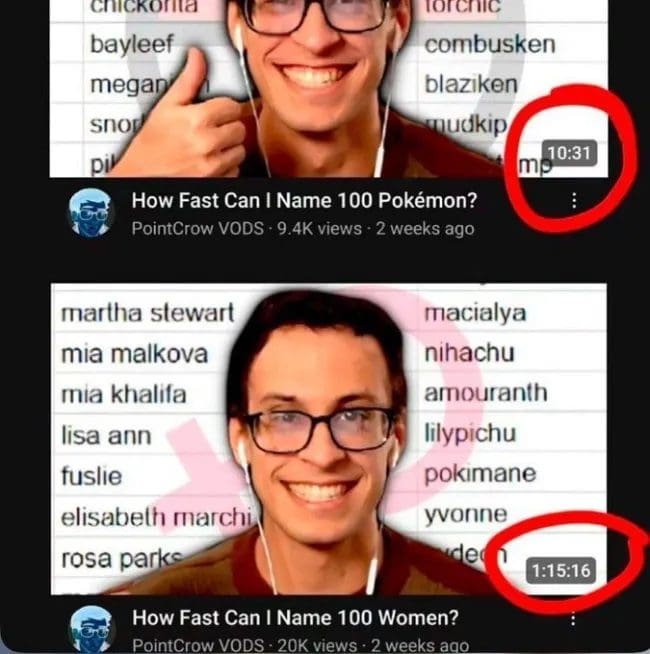 Streamer thumbnails comparing a quick Pokemon naming challenge to a much longer one naming women.