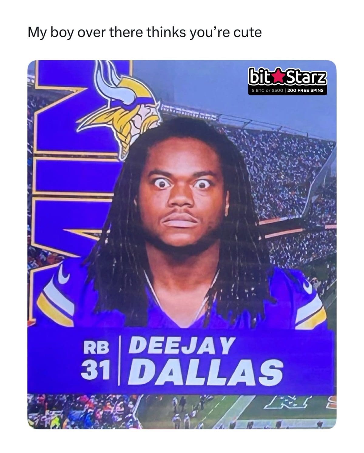 Minnesota Vikings running back Deejay Dallas making a wide-eyed face on a player graphic.