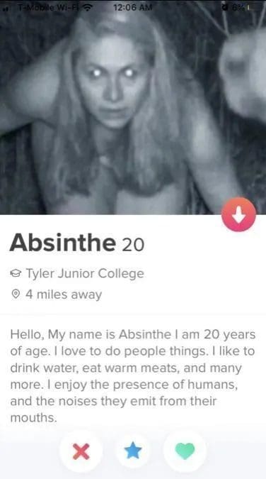 Night vision dating profile photo with glowing eyes and an oddly inhuman bio.