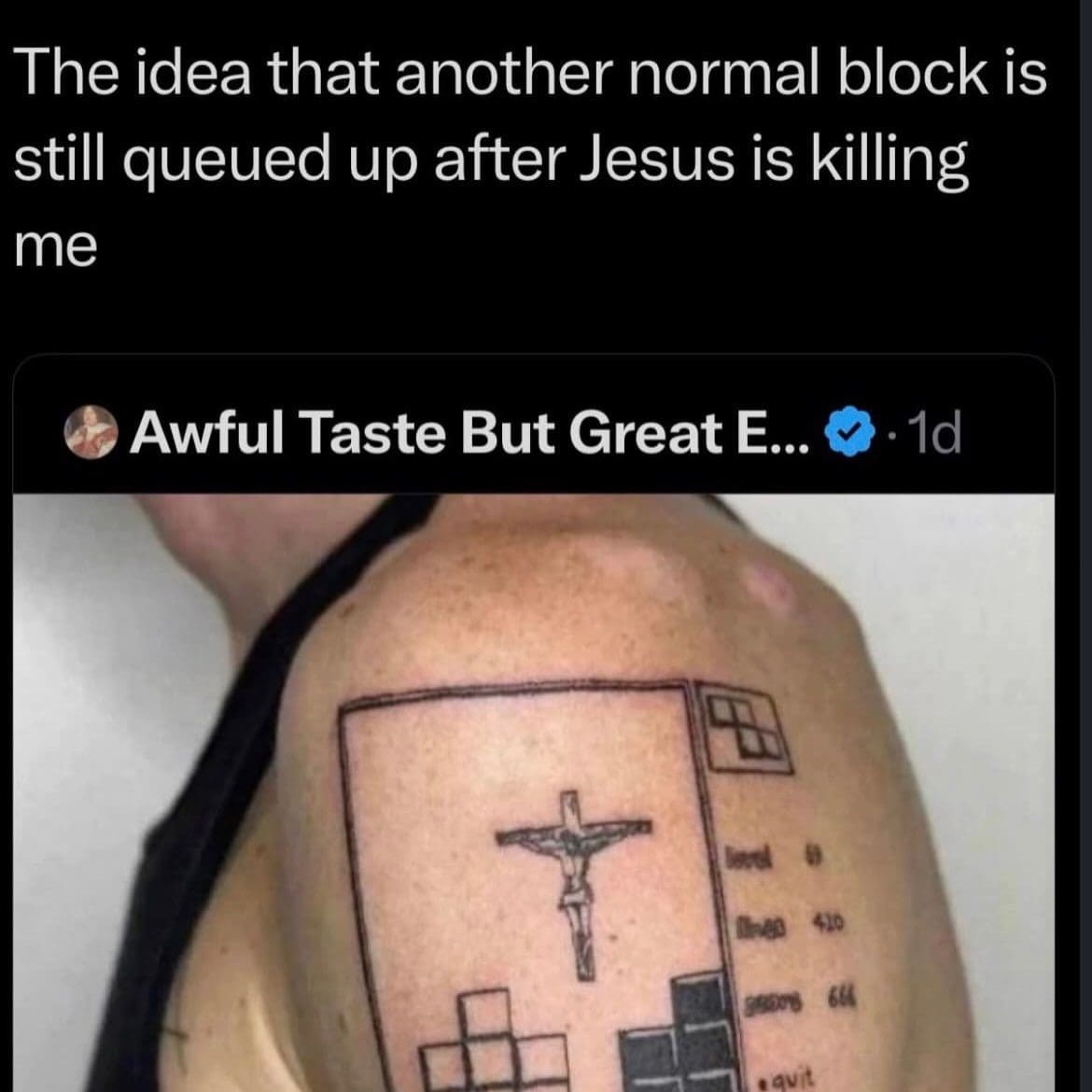 Tetris tattoo on a shoulder where a crucifix is the falling block.