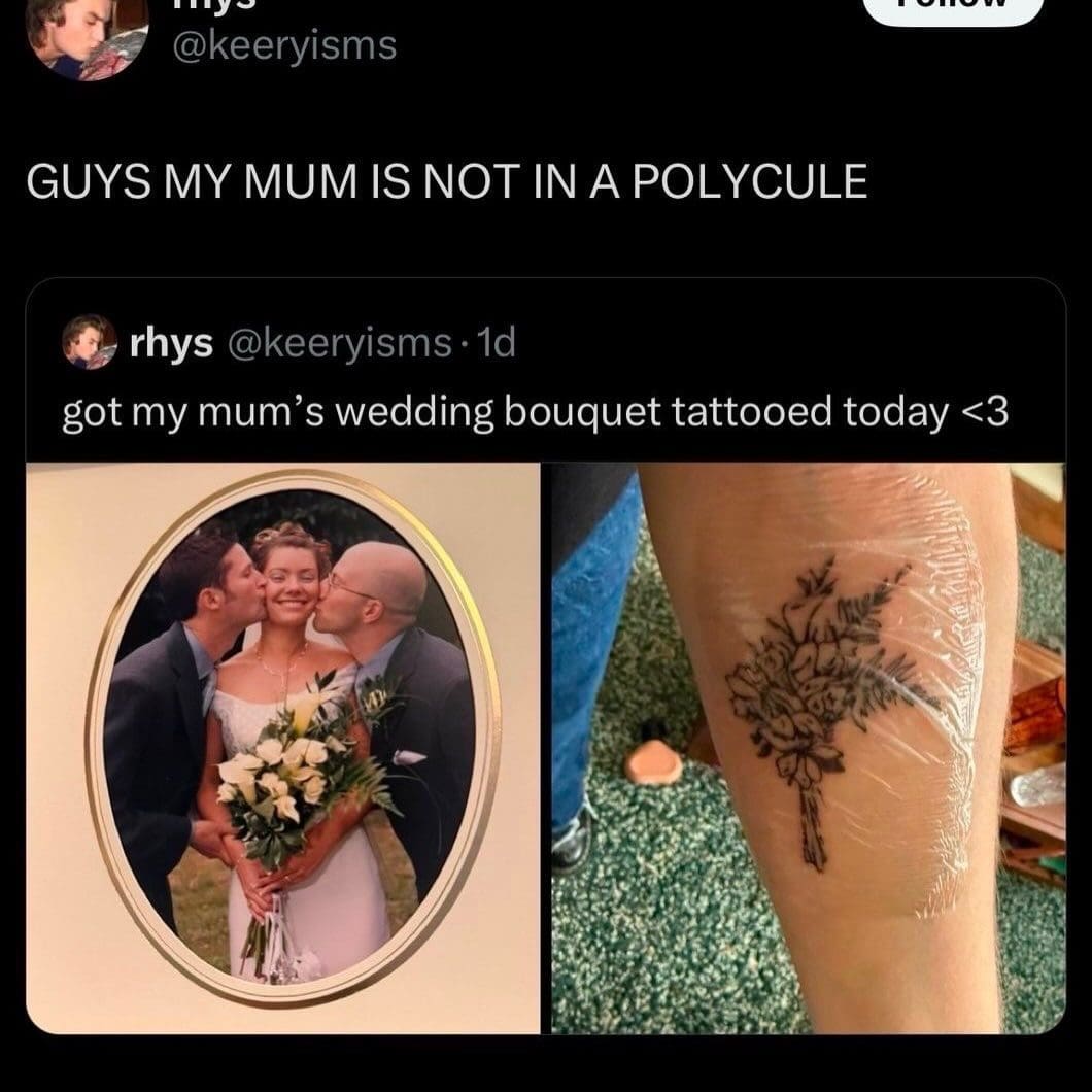 Son tattoos his mum's wedding bouquet, but the photo shows two men kissing her cheeks.