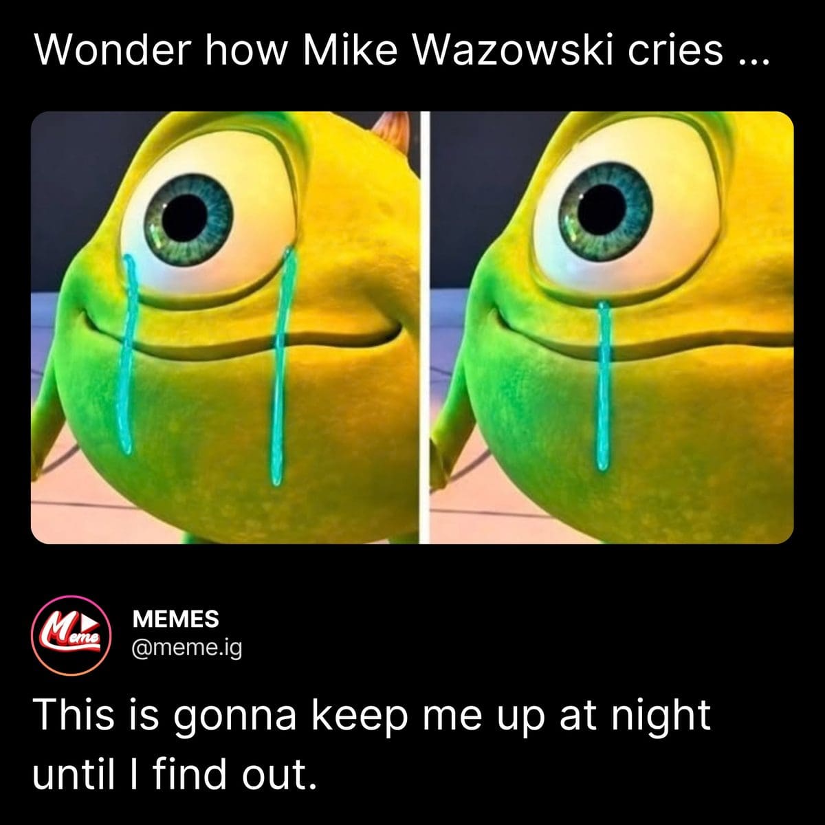 Mike Wazowski crying two different ways, one of the best funny memes about cartoon logic.