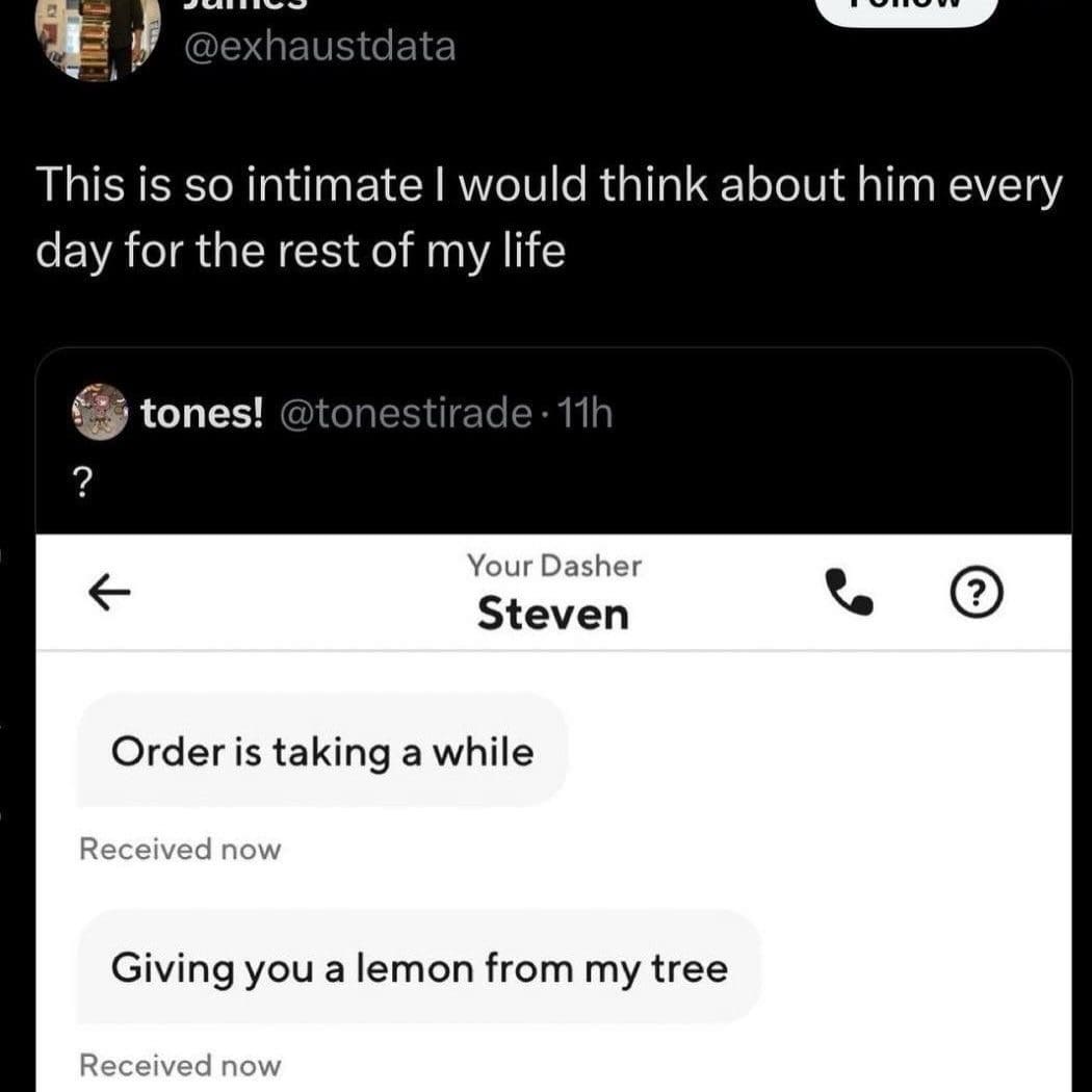 Delivery driver apologizing for a slow order by offering a lemon from his own tree.