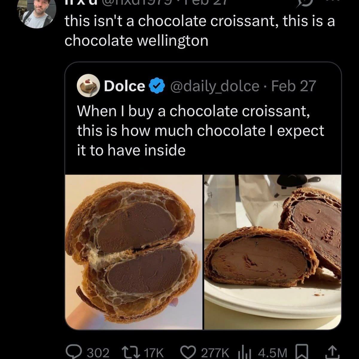 Chocolate croissants cut open to show a thick solid chocolate center, called a chocolate wellington.