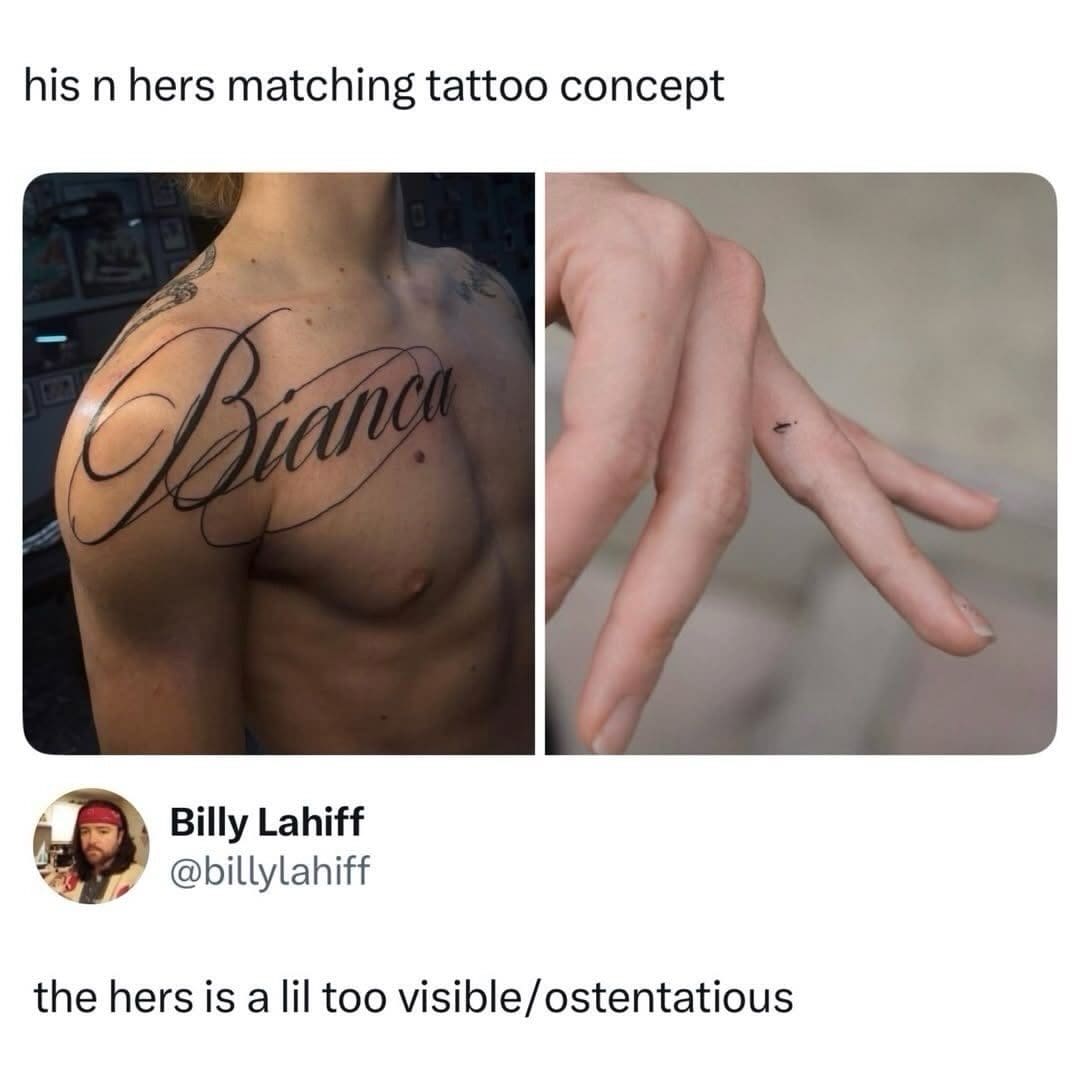 His and hers tattoo joke: a huge Bianca chest piece and a tiny finger dot.