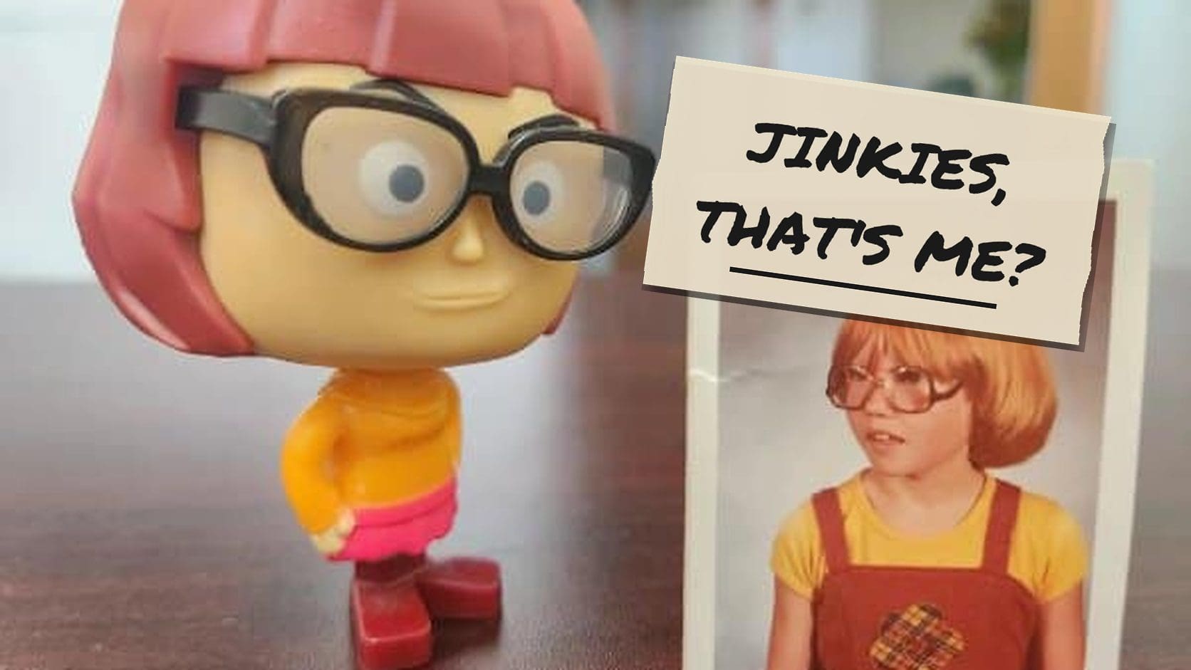 Blunder years featured image of a Velma figurine standing next to an old school photo of a kid who looks just like her.