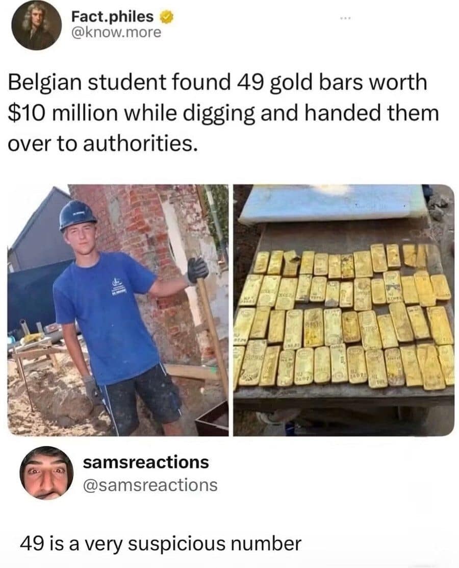Belgian student with 49 gold bars he found digging, a favorite among classic memes.