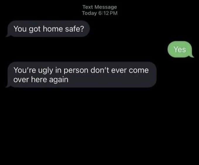 Text exchange where someone confirms they got home safe and receives a brutal insult.