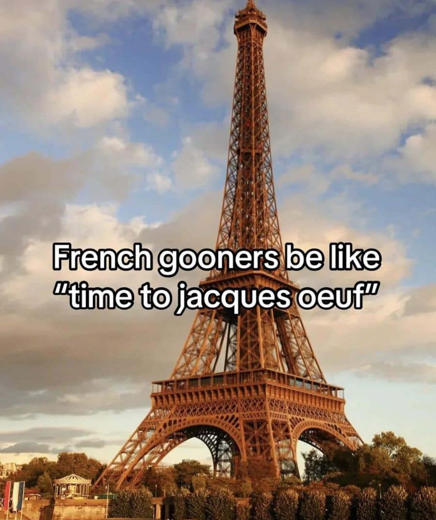 Eiffel Tower at sunset with a crude French pun caption layered over it.