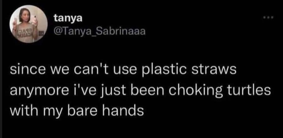 Dark joke tweet in our classic memes about plastic straw bans and sea turtles.