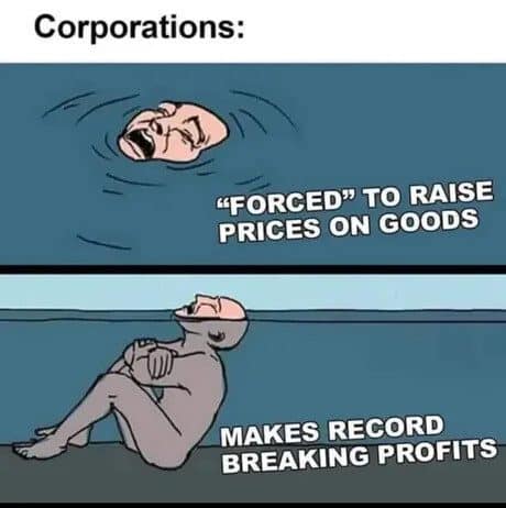Classic memes comic of corporations drowning over prices, then relaxing on record profits.