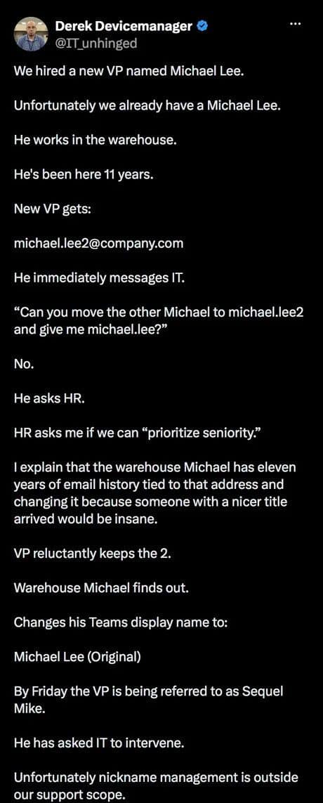 Long tweet thread about two employees named Michael Lee fighting over one email address.