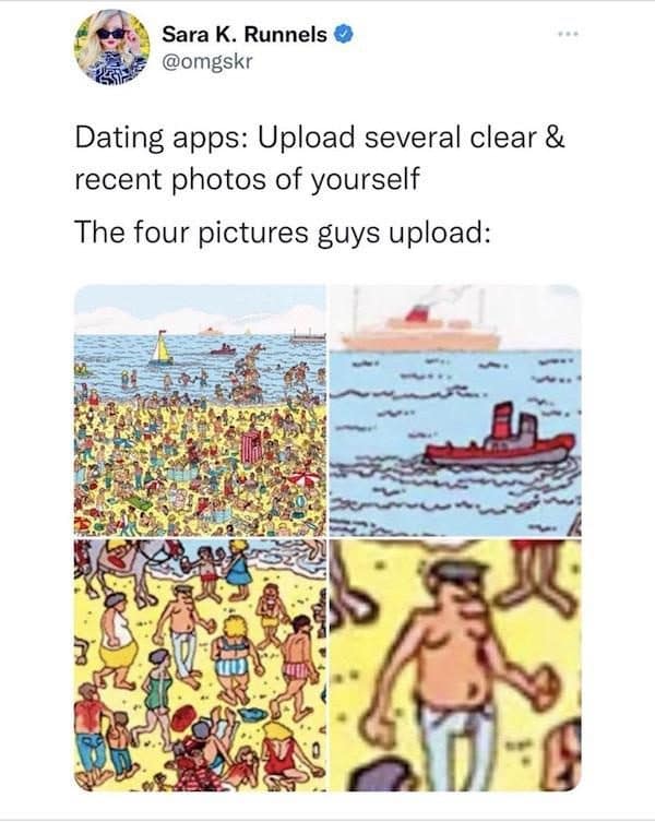 Where's Waldo crowd scenes posted as the four dating app photos guys upload.