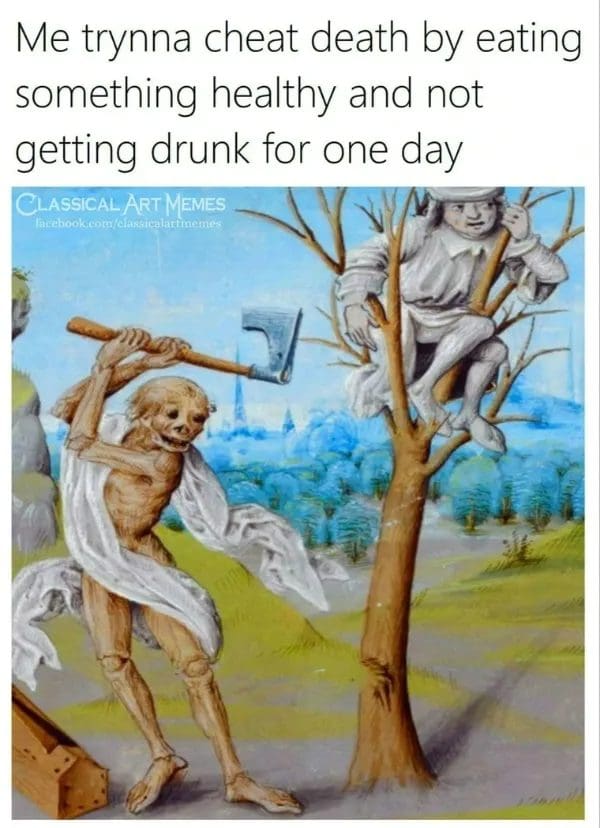 Medieval painting of a skeletal figure swinging an axe at a tree while a man clings on.